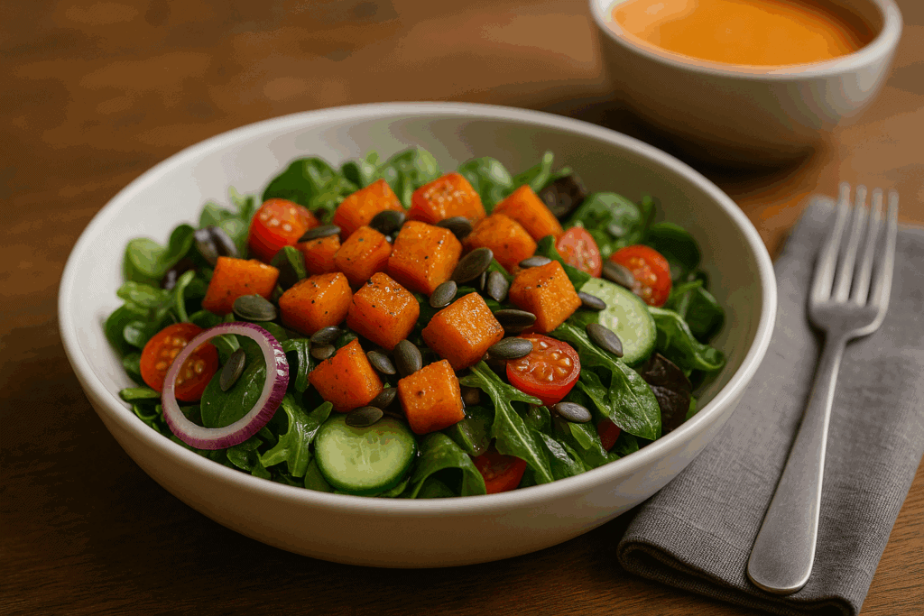 Eine Schale gemischter Salat mit Kürbis auf einem hellen Holztisch, daneben eine graue Serviette und silberner Gabel