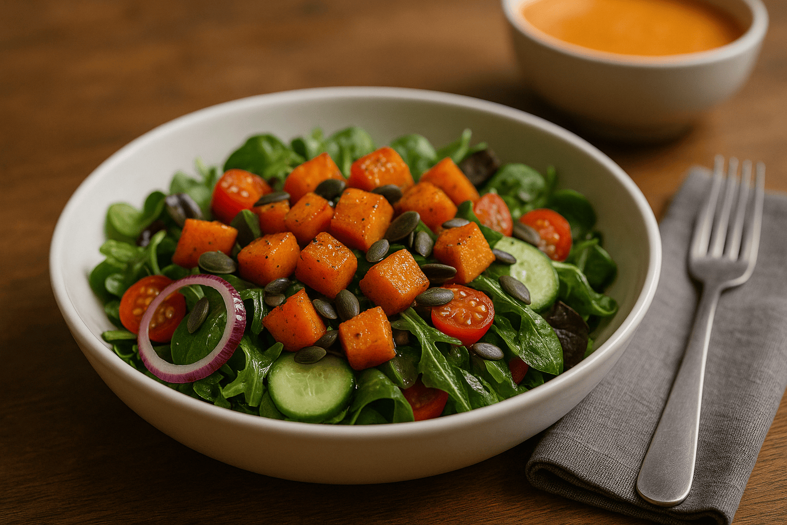 Eine Schale gemischter Salat mit Kürbis auf einem hellen Holztisch, daneben eine graue Serviette und silberner Gabel