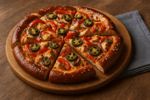 Knusprige Pizza mit Hähnchen, Jalapeños, roten Zwiebeln und Paprika auf einer Holzplatte, frisch gebacken, ideal für Liebhaber italienischer Spezialitäten.