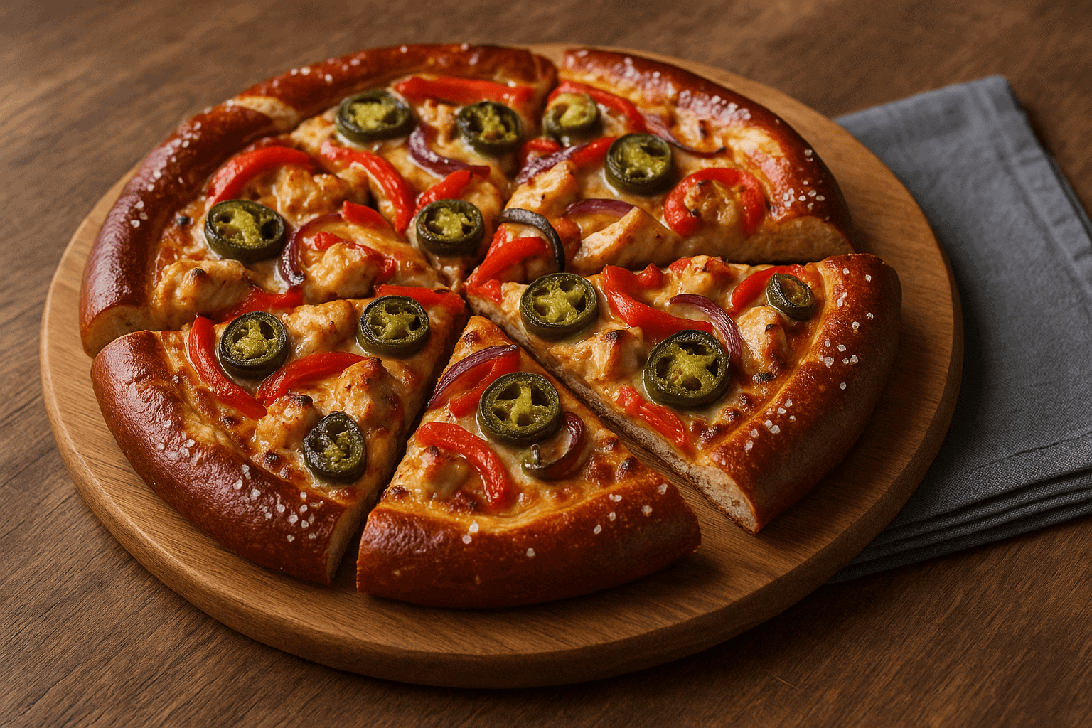 Knusprige Pizza mit Hähnchen, Jalapeños, roten Zwiebeln und Paprika auf einer Holzplatte, frisch gebacken, ideal für Liebhaber italienischer Spezialitäten.