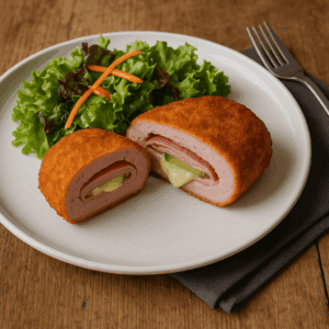 Knuspriges Schnitzel-Rollenbrötchen mit Käse und Gemüse, serviert mit frischem Salat auf weißem Teller, in gemütlichem Ambiente.