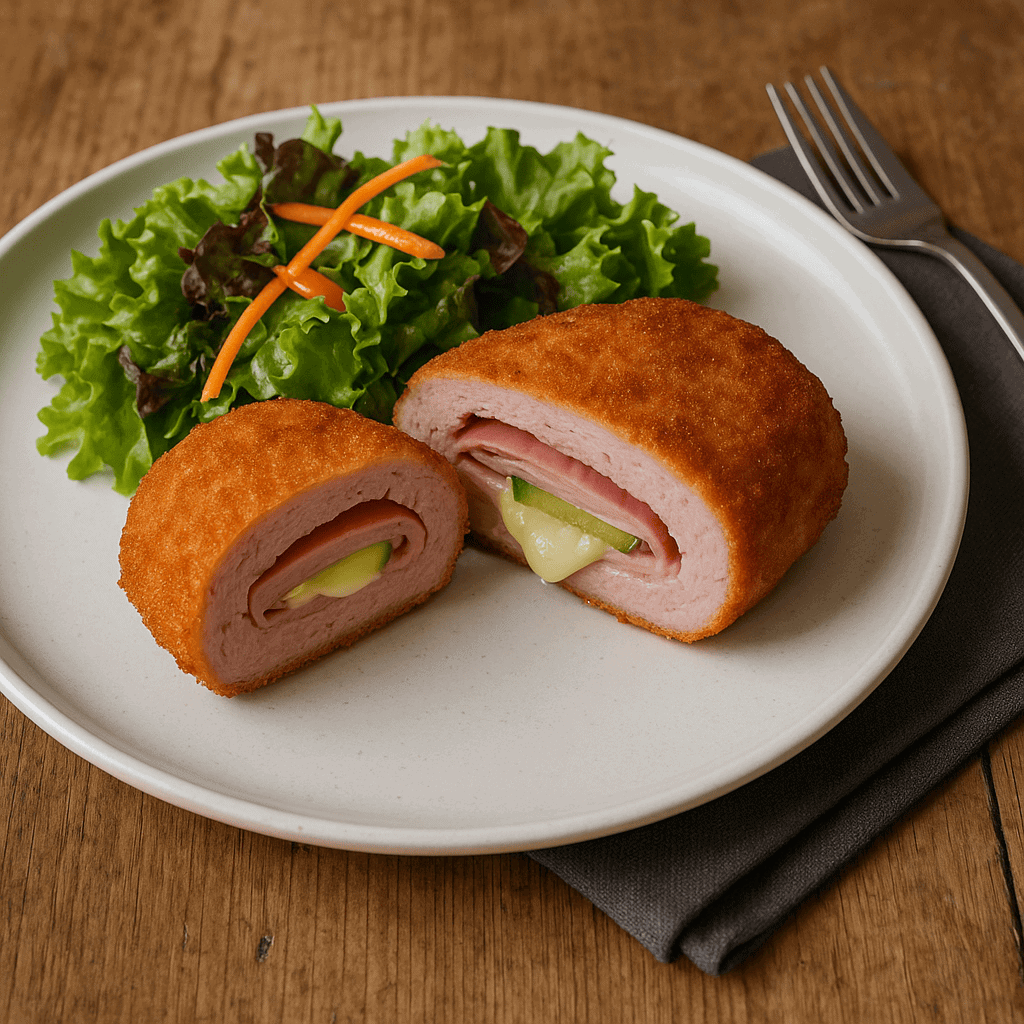 Knuspriges Schnitzel-Rollenbrötchen mit Käse und Gemüse, serviert mit frischem Salat auf weißem Teller, in gemütlichem Ambiente.