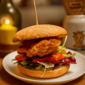 Knuspriges Fischfilet Burger mit frischem Gemüse auf Brötchen.